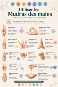 Femme méditant avec les mains en position de Mudra, symbolisant la sérénité et le bien-être.