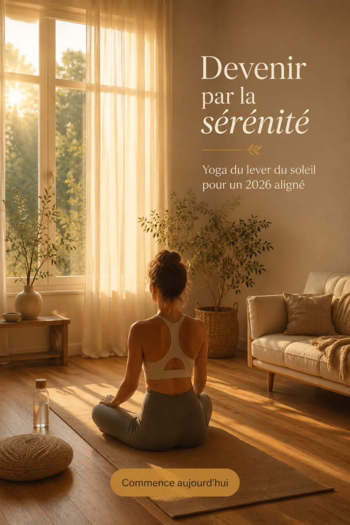 Femme pratiquant le yoga au lever du soleil, symbolisant la paix intérieure et la sérénité