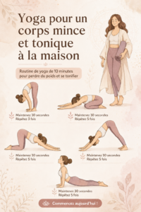 Femme pratiquant le yoga dans un salon confortable, cherchant équilibre et bien-être.