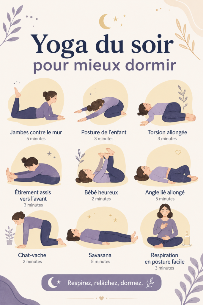 Femme pratiquant le yoga du soir dans un cadre apaisant