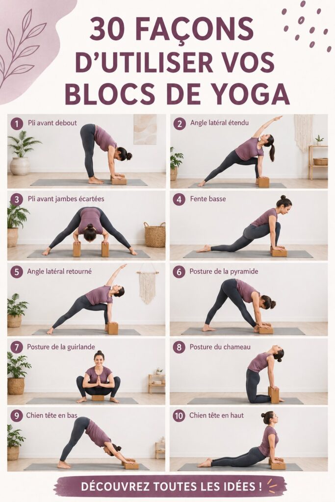 Femme utilisant un bloc de yoga pendant une séance de yoga