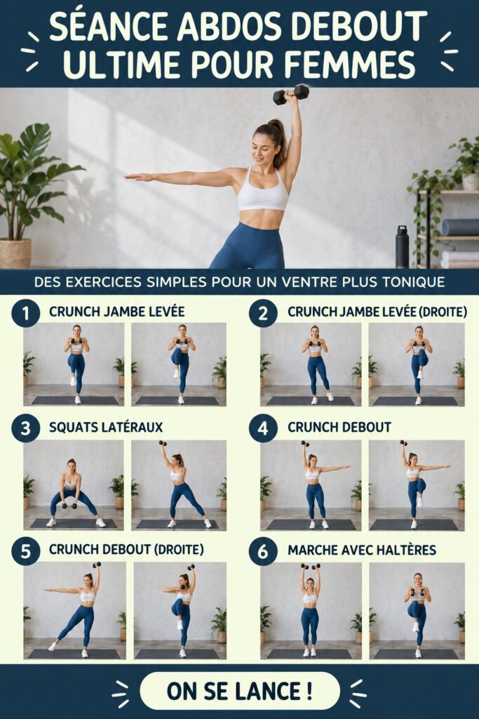 Une femme réalisant un exercice debout pour les abdos, souriante et énergique