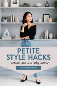 Femme petite en tenue élégante, mettant en avant des astuces mode pour les silhouettes petites.