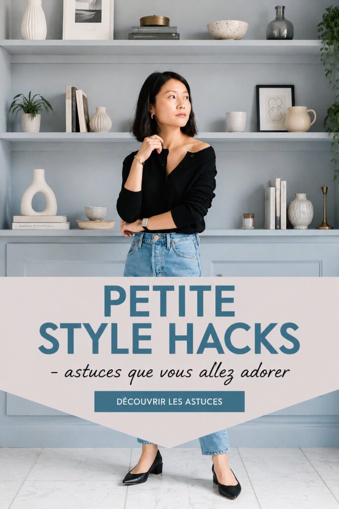 Femme petite en tenue élégante, mettant en avant des astuces mode pour les silhouettes petites.