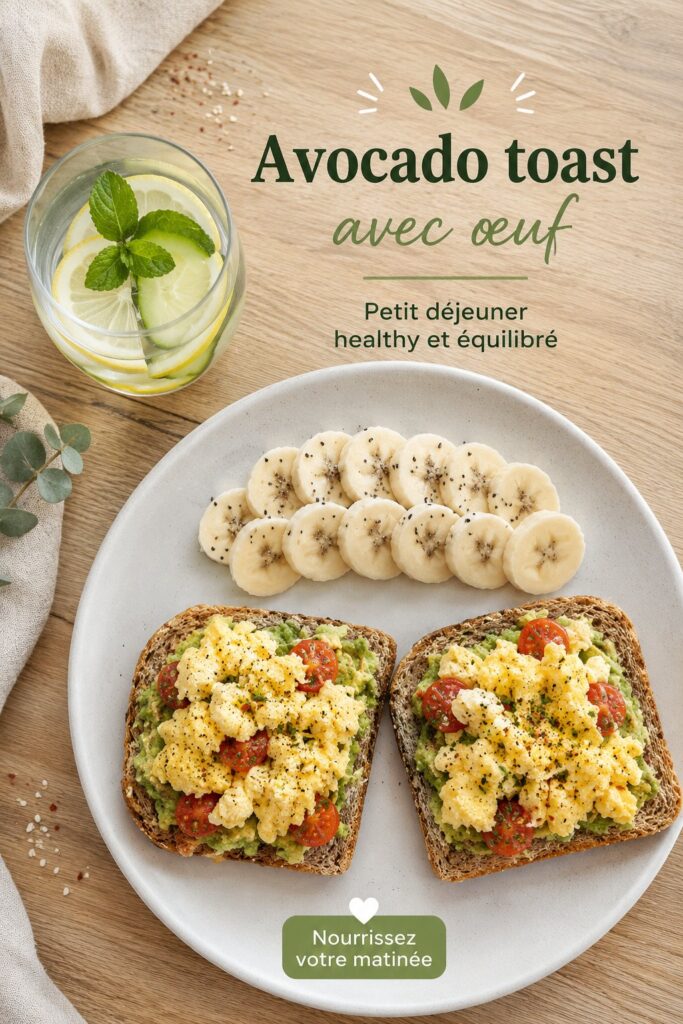 Avocado toast avec œuf sur une assiette colorée, prêt à être dégusté