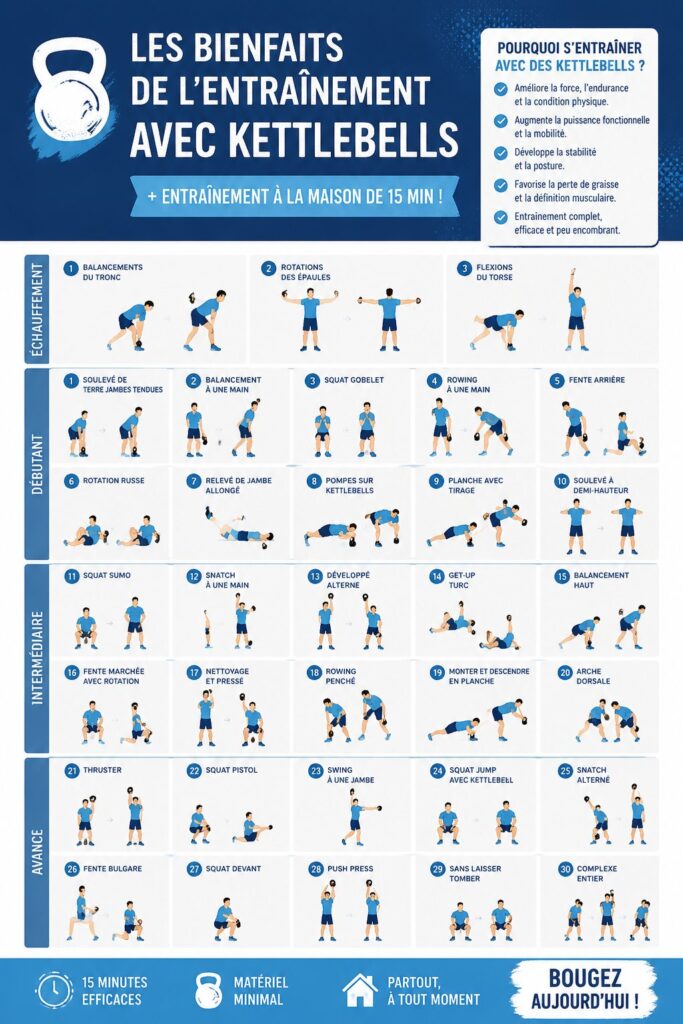 Femme exécutant un exercice avec des kettlebells à la maison.