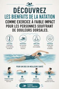 Femme nageant paisiblement dans une piscine, soulageant ses douleurs dorsales.