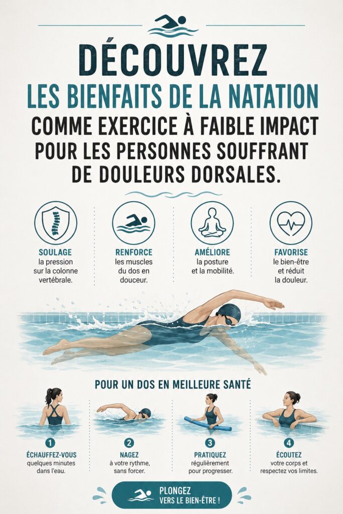 Femme nageant paisiblement dans une piscine, soulageant ses douleurs dorsales.