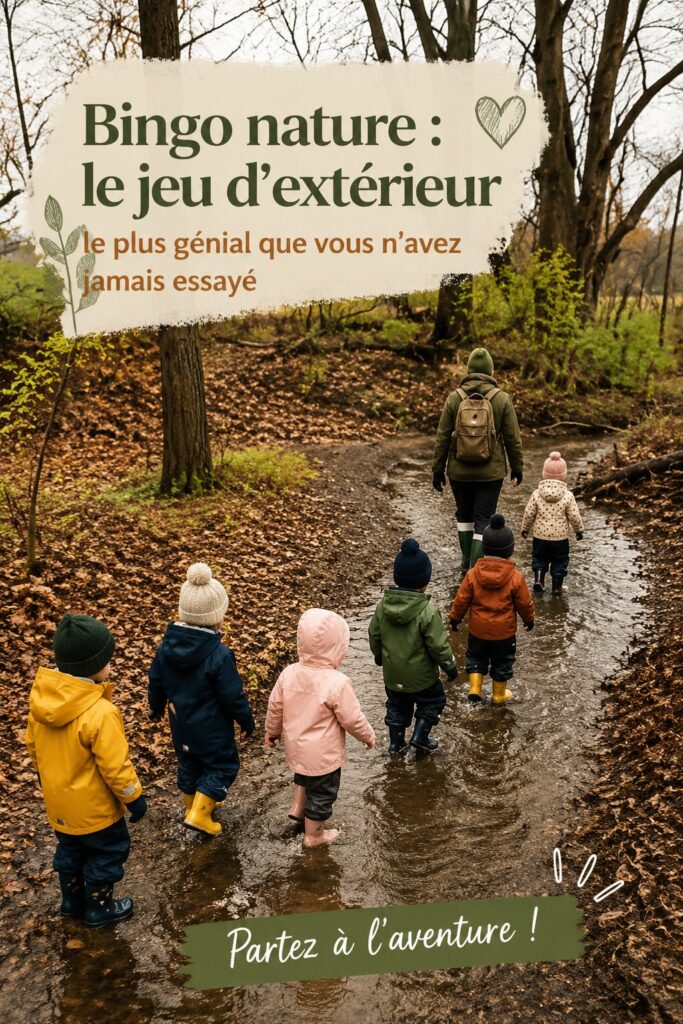 Une famille jouant ensemble au bingo de la nature dans un parc, sourires aux lèvres.