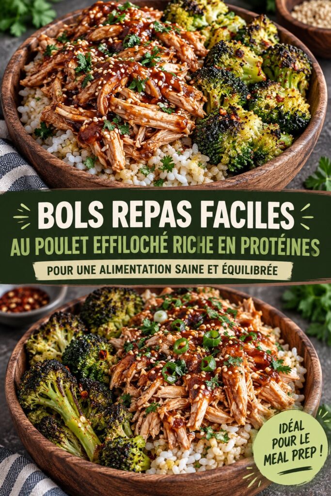 Bol de poulet effiloché riche en protéines avec des légumes colorés