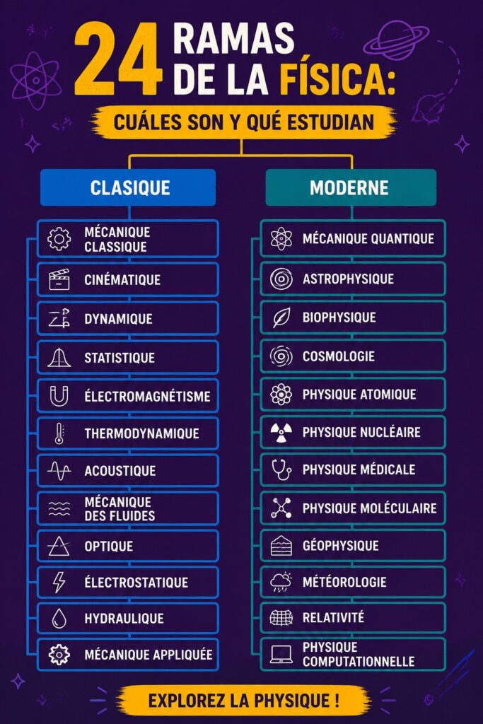 Illustration des 24 branches de la physique avec un système solaire en arrière-plan.