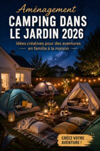 Camping dans un jardin avec des tentes et des lumières douces dans la nuit.
