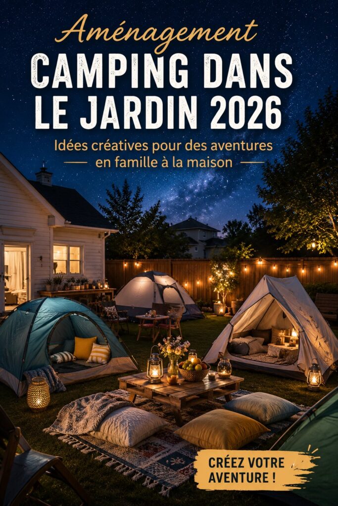 Camping dans un jardin avec des tentes et des lumières douces dans la nuit.