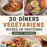 Recettes de dîners végétariens riches en protéines dans une assiette colorée.