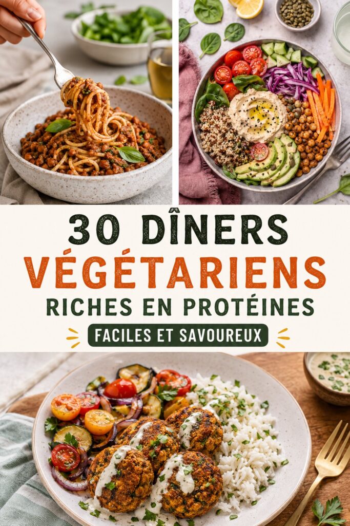 Recettes de dîners végétariens riches en protéines dans une assiette colorée.