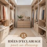 Dressing élégant avec un éclairage moderne et chaleureux