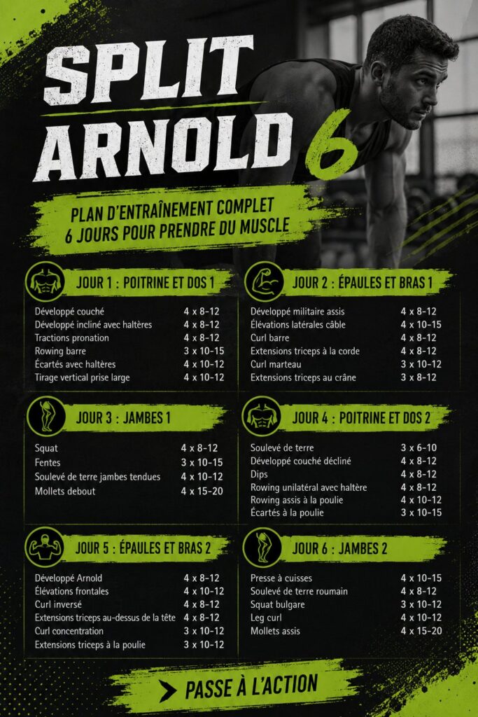 Image d'un entraîneur montrant des exercices de musculation inspirés d'Arnold Schwarzenegger.