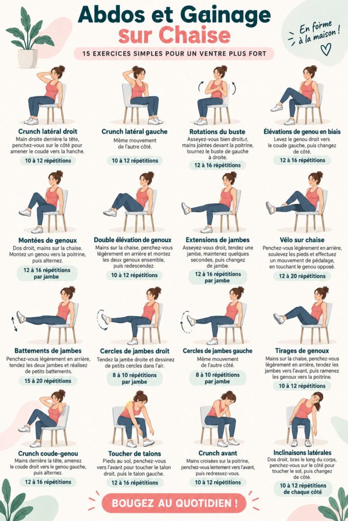 Femme faisant des exercices assis pour tonifier son core à la maison.