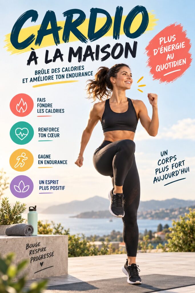 Femme en pleine séance d'entraînement cardio, souriante et active.