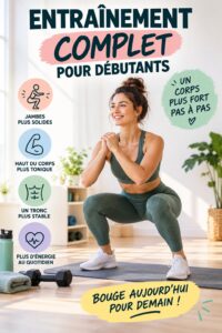 Femme faisant un entraînement complet à la maison, sur un tapis de yoga, sourire aux lèvres.