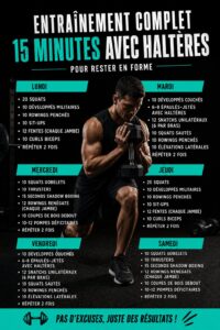 Femme en train de faire un entraînement complet avec des haltères en 15 minutes.