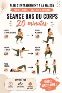 Femme faisant un entraînement de jambes à domicile, concentrée et motivée.