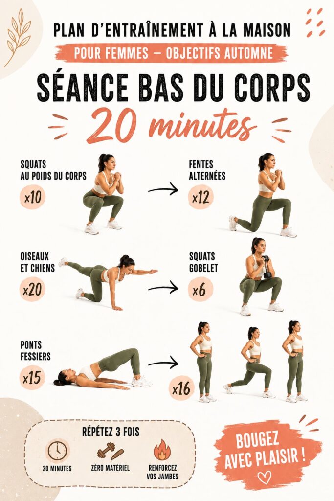Femme faisant un entraînement de jambes à domicile, concentrée et motivée.