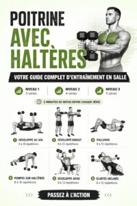 Femme faisant des exercices de pectoraux avec haltères chez elle