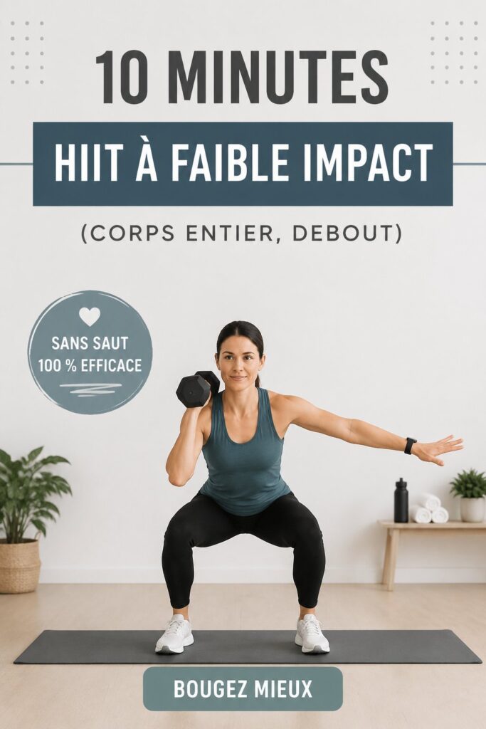 Femme faisant un entraînement HIIT doux debout dans un salon lumineux.