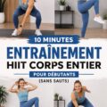 Femme réalisant un entraînement HIIT de 10 minutes, sans sauts, dans un environnement calme à la maison.