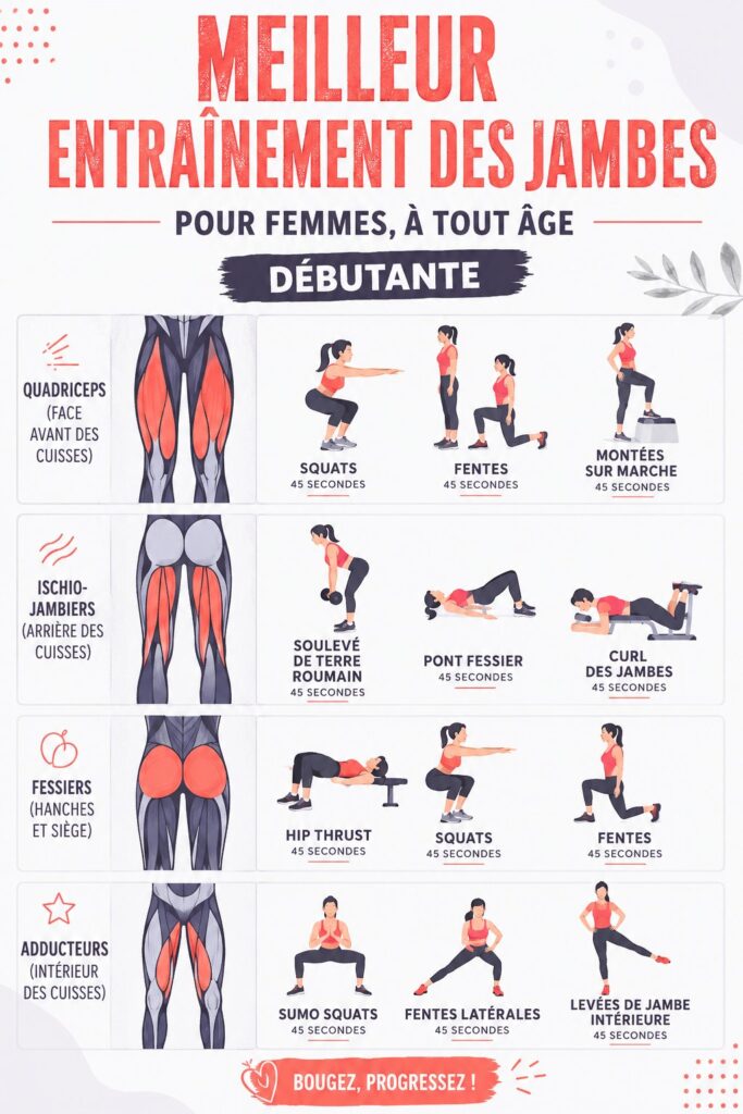 Femme effectuant des exercices pour les jambes à domicile, montrant un entraînement adapté à tous les niveaux.