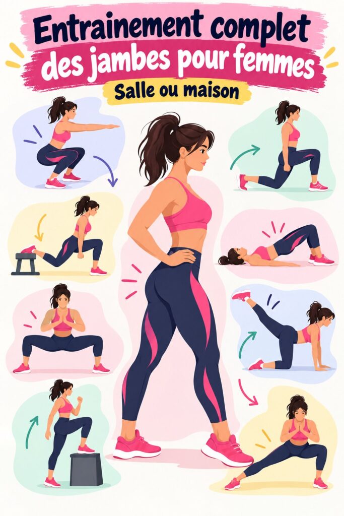 Un entraînement des jambes pour femmes, à la maison ou en salle, avec divers exercices.