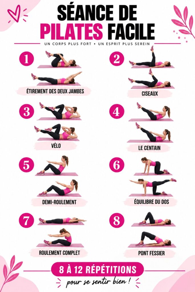 Femme pratiquant le Pilates dans un espace lumineux et accueillant, renforçant son corps en douceur.