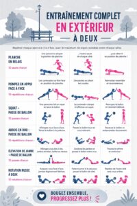 Un couple s'entraîne ensemble en plein air avec des exercices simples et amusants.