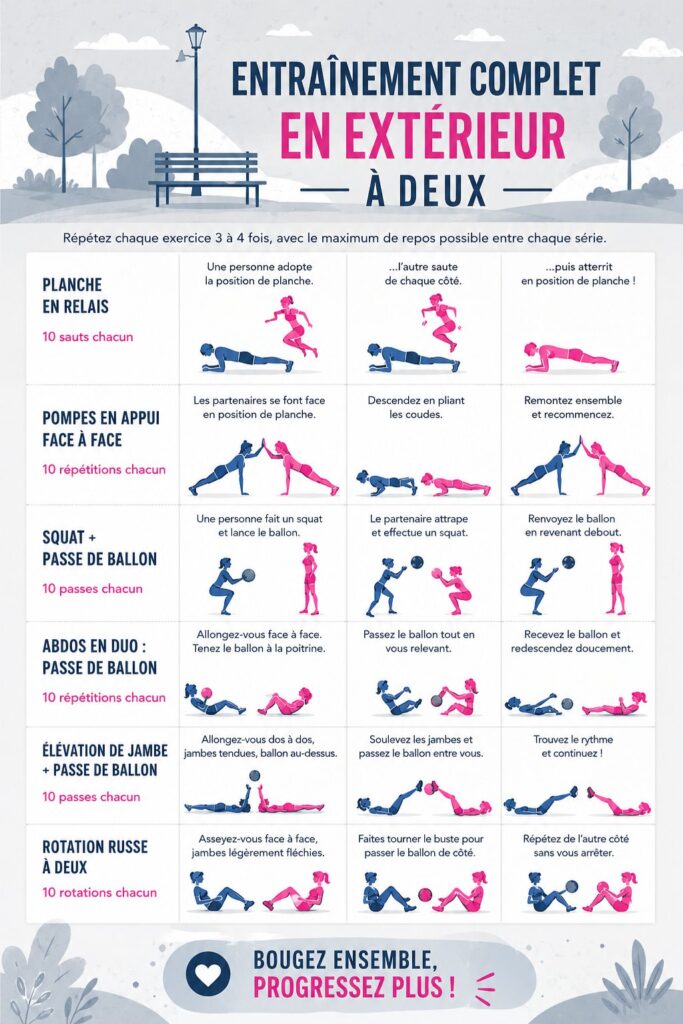 Un couple s'entraîne ensemble en plein air avec des exercices simples et amusants.