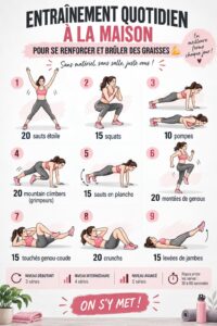 Femme s'exerçant à domicile avec des exercices de renforcement musculaire