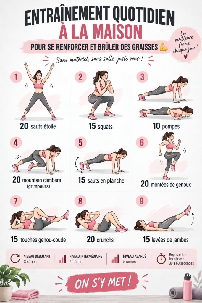 Femme s'exerçant à domicile avec des exercices de renforcement musculaire