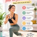 Femme réalisant une routine d'entraînement à domicile sur un tapis de yoga.