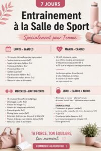 Femme souriante à la salle de sport, prête à commencer un entraînement adapté.