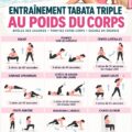 Femme faisant un entraînement Tabata à domicile sans équipement.