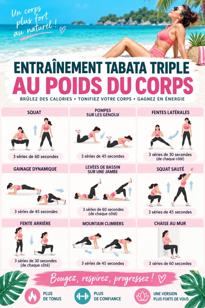 Femme faisant un entraînement Tabata à domicile sans équipement.