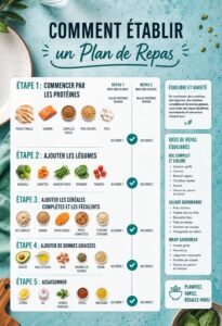 Un tableau de plan de repas hebdomadaire avec des plats équilibrés.