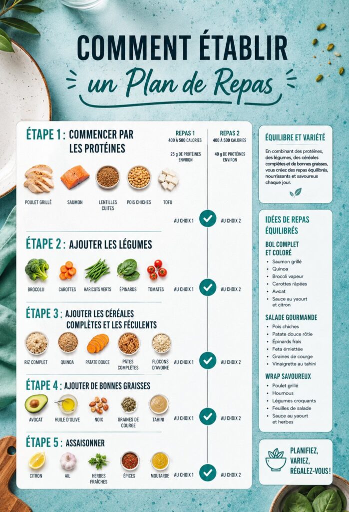 Un tableau de plan de repas hebdomadaire avec des plats équilibrés.