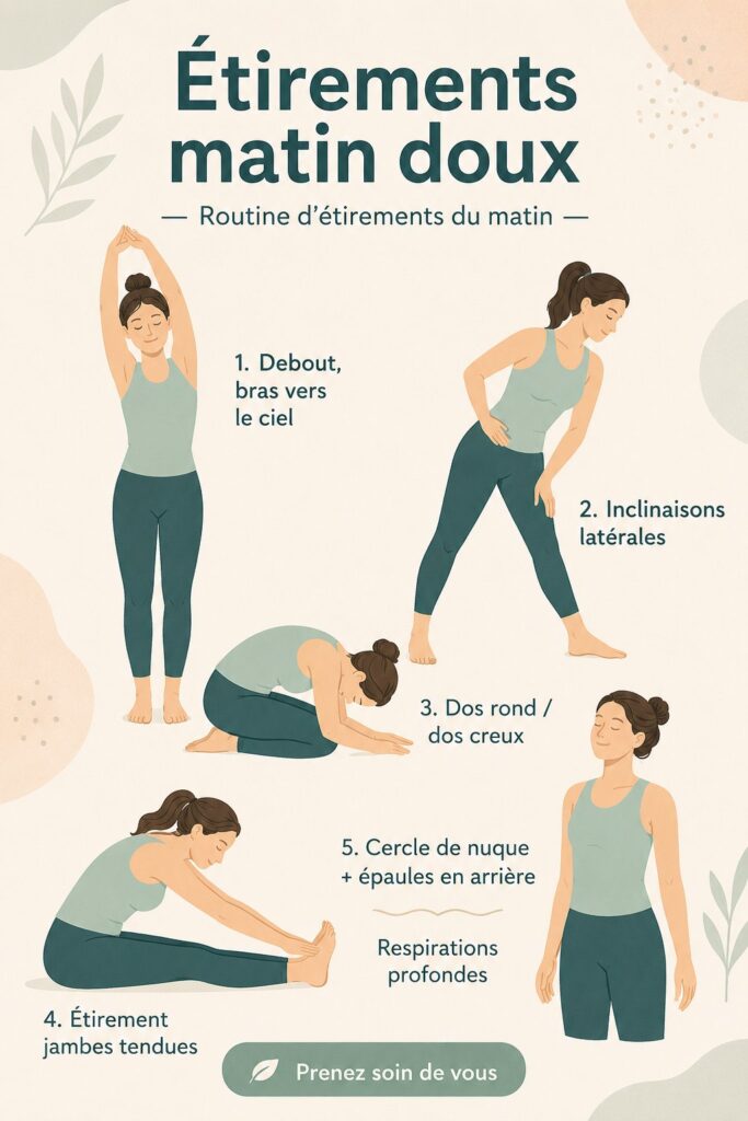 Une femme effectuant des étirements doux dans un cadre naturel au matin.
