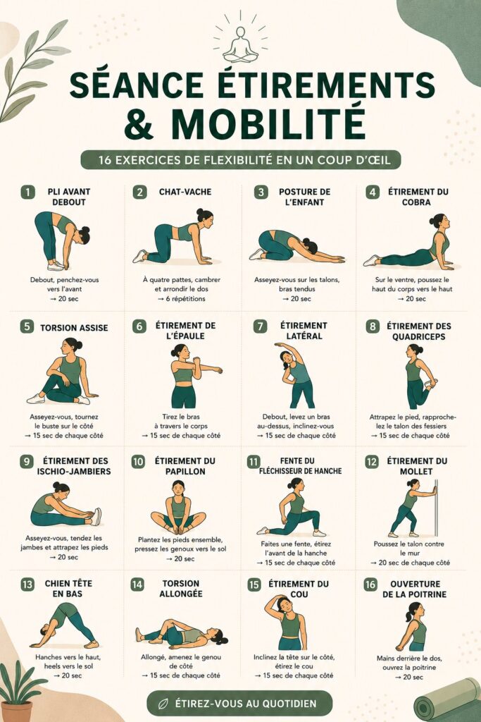 Une femme en train de faire des étirements au lever du soleil pour améliorer sa flexibilité.