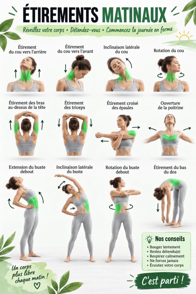 Femme pratiquant des étirements matinaux dans un cadre relaxant