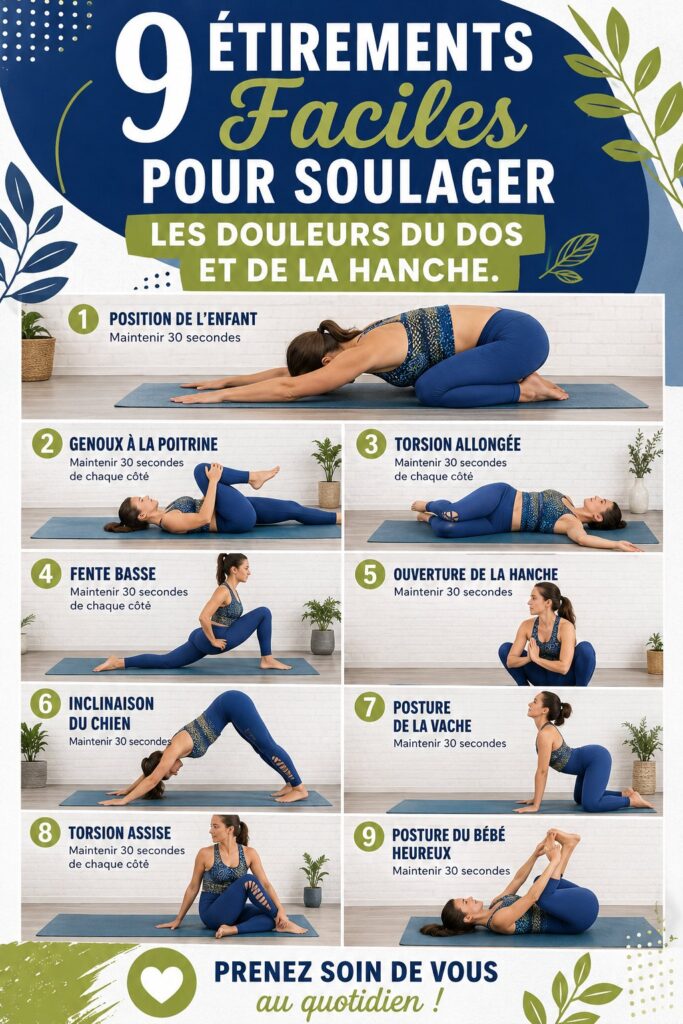 Femme réalisant des étirements pour soulager les douleurs du dos et des hanches