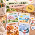 Un exercice ludique représentant les 4 saisons, avec des enfants en activités créatives.