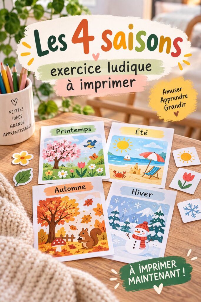 Un exercice ludique représentant les 4 saisons, avec des enfants en activités créatives.