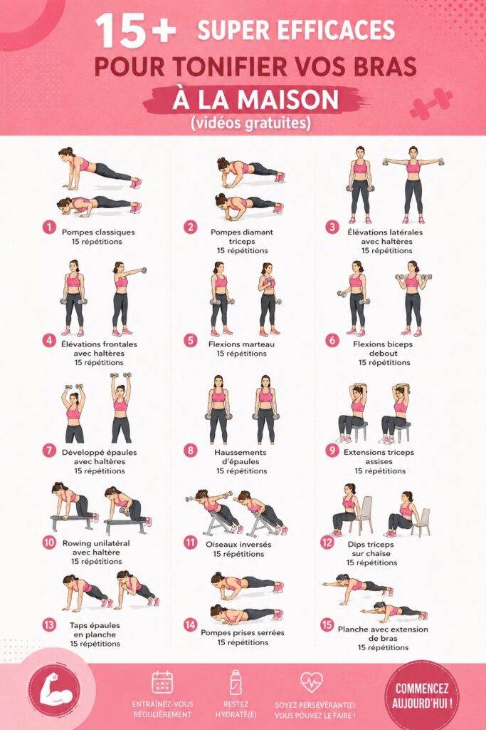 Femme heureuse effectuant des exercices pour les bras à la maison.
